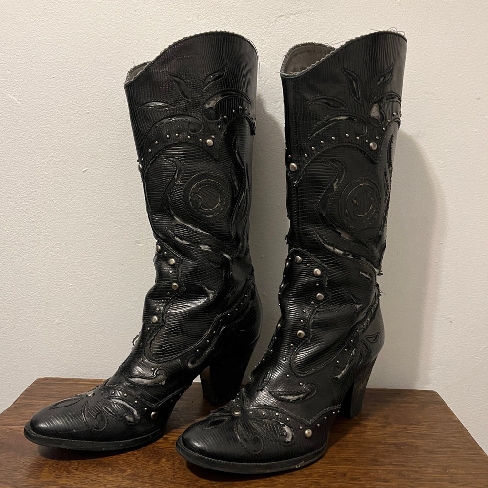 studded embellished black distressed tall heeled cowboy boots genuine leather
